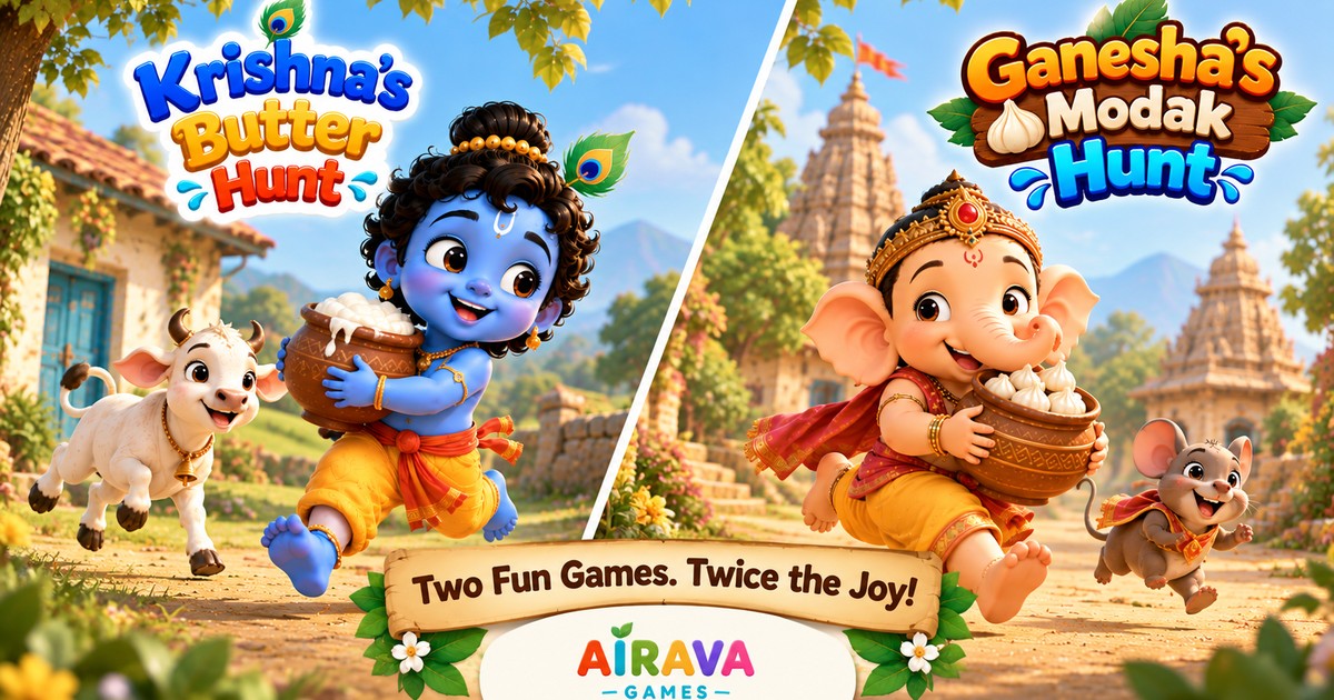 Baby Krishna running with a butter pot beside a calf, and baby Ganesha running with a bowl of modaks beside Mushak — Krishna's Butter Hunt and Ganesha's Modak Hunt, side by side.