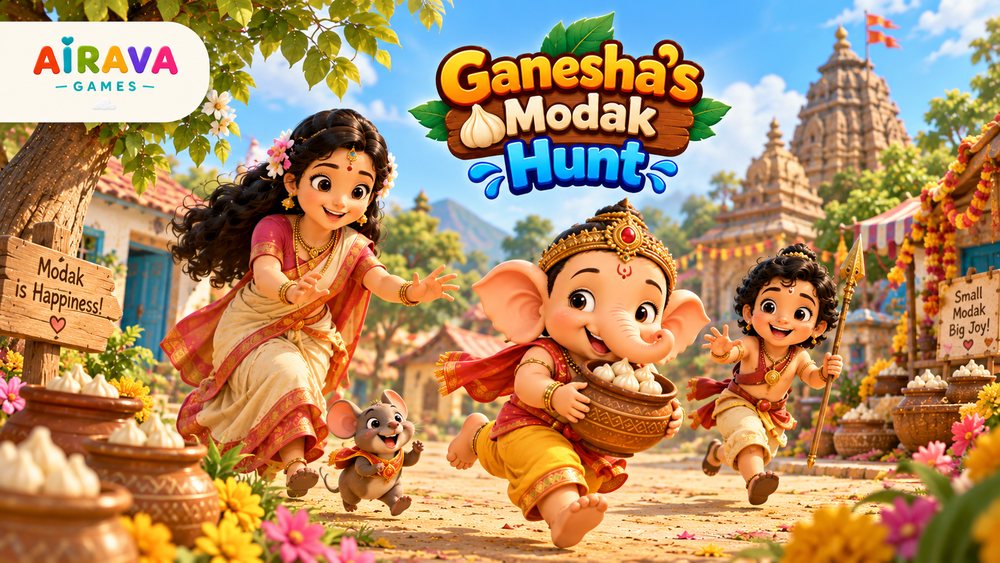 Baby Ganesha running with a bowl of modaks, Mushak the mouse beside him, in front of a temple