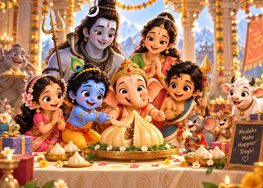 Shiva, Parvati, Ganesha, Kartikeya, Krishna and Radha around a table piled with modaks